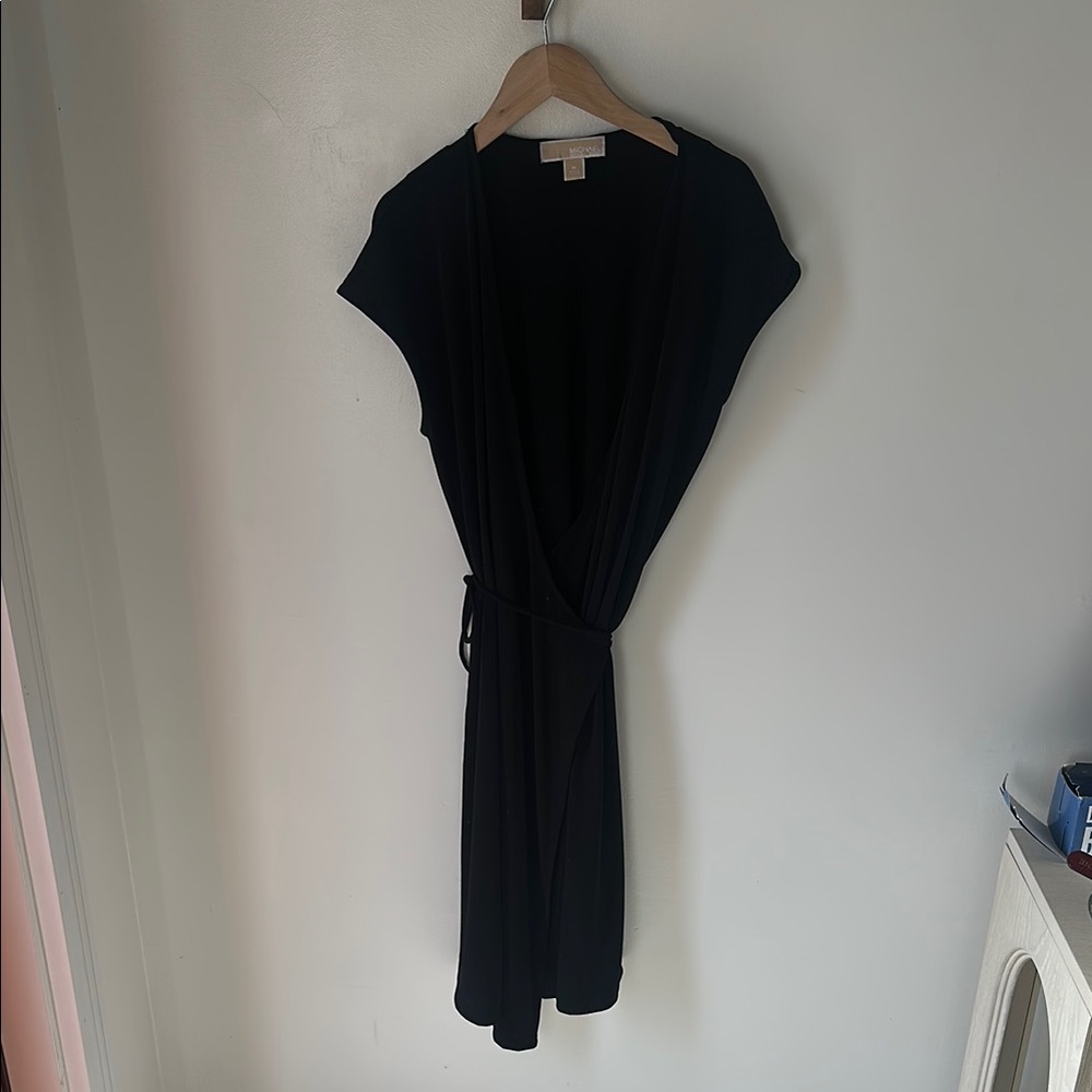 Michael Kors Black Wrap Midi Dress with Tie Waist